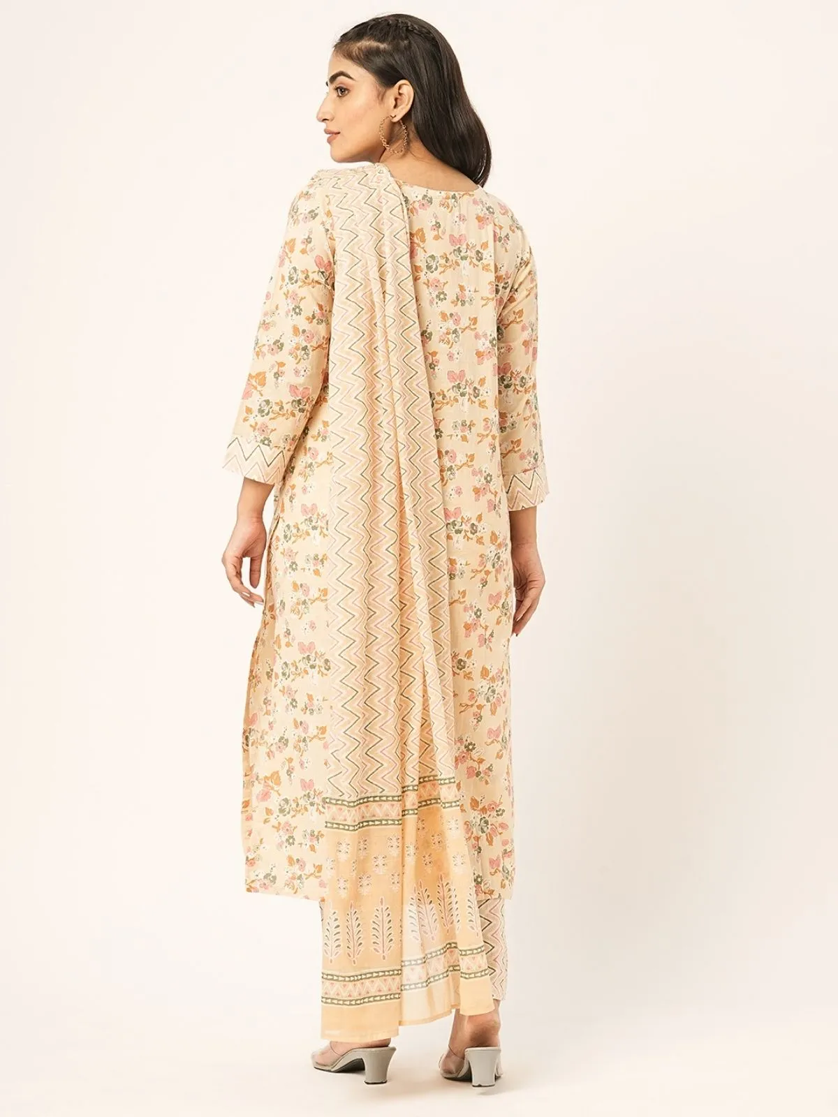 Odette Beige Printed Cotton Stitched Kurta Set For Women