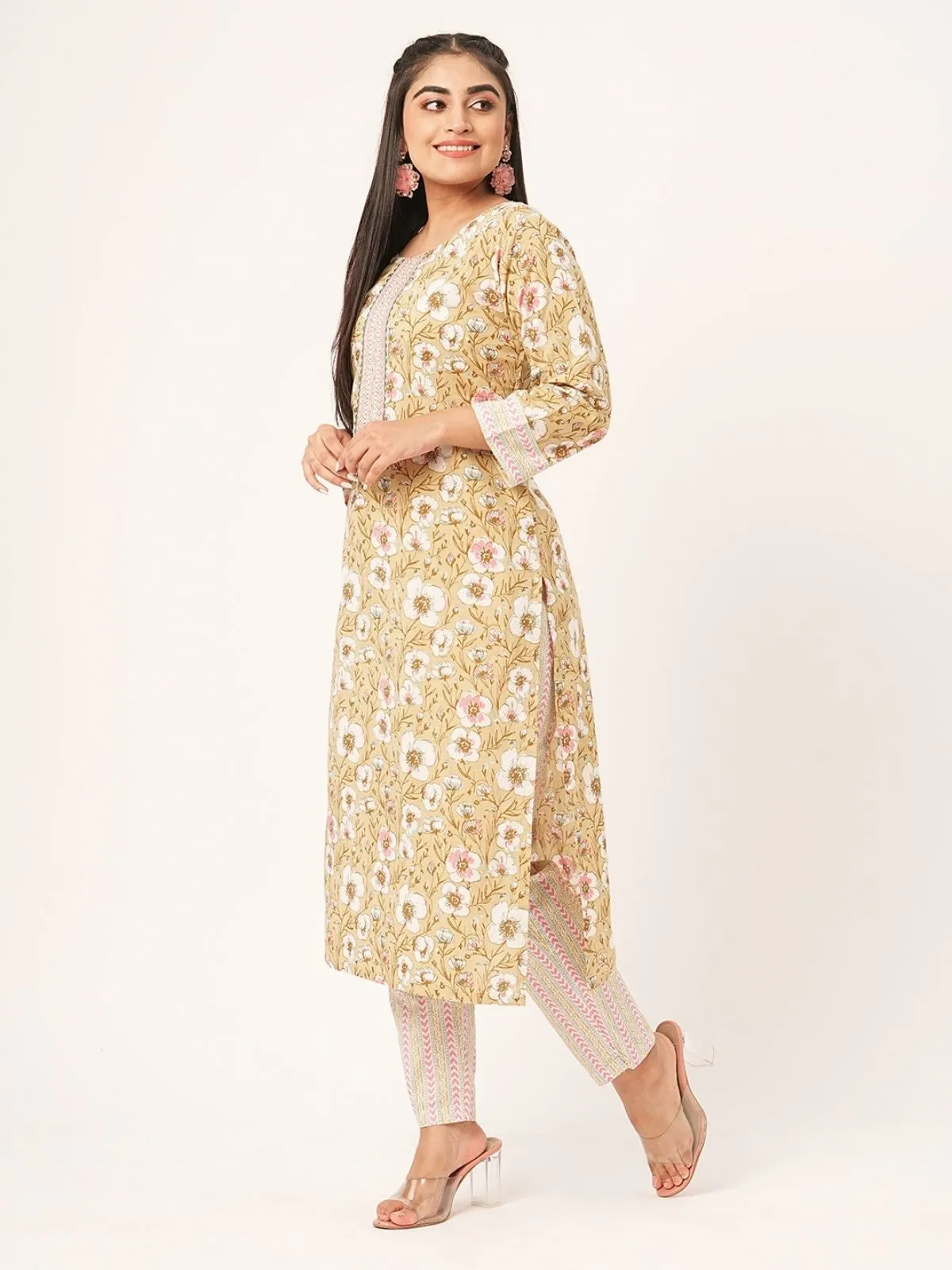 Odette Beige Printed Cotton Stitched Kurta Set For Women