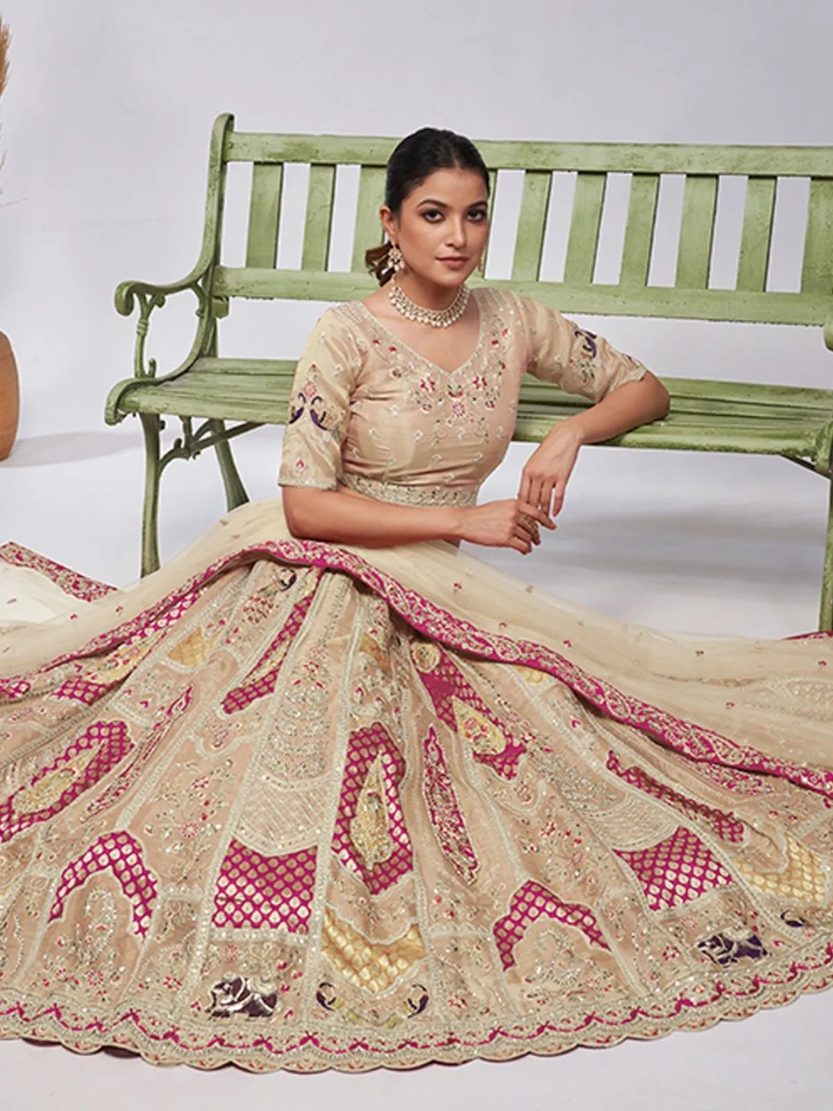 Odette Beige Silk Blend Embellished Semi Stitched Lehenga With Unstitched Blouse For Women