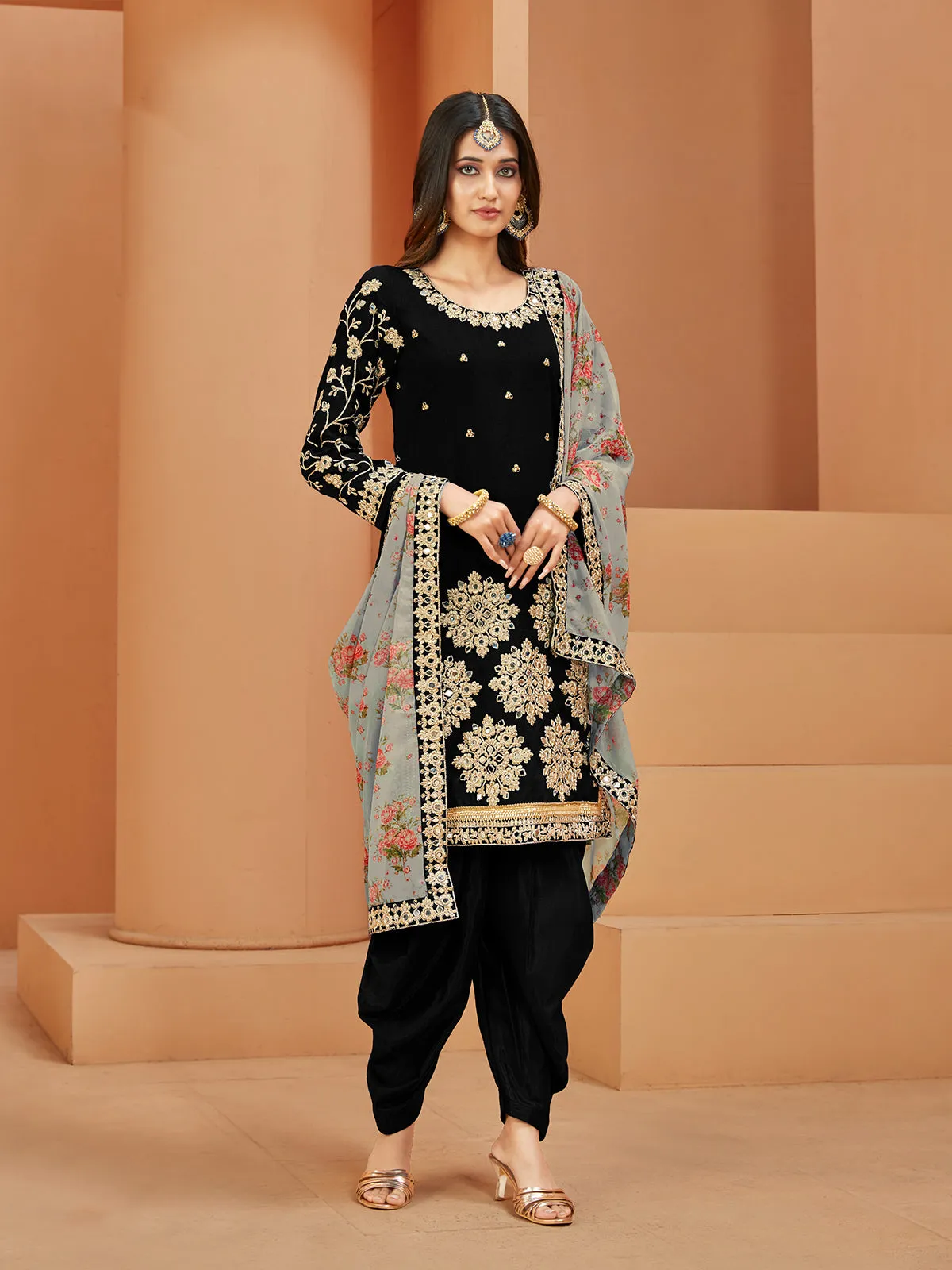 Odette Black Art Silk  Embroidered Semi stitched Kurta Set For Women