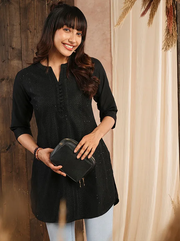 Odette Black Embroidered Chanderi Silk Stitched Short Kurta For Women