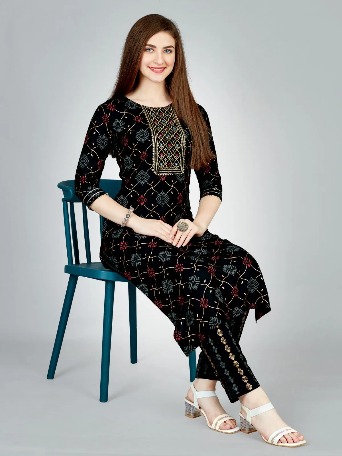 Odette Black Embroidered Rayon Stitched Kurta Set For Women