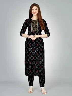 Odette Black Embroidered Rayon Stitched Kurta Set For Women