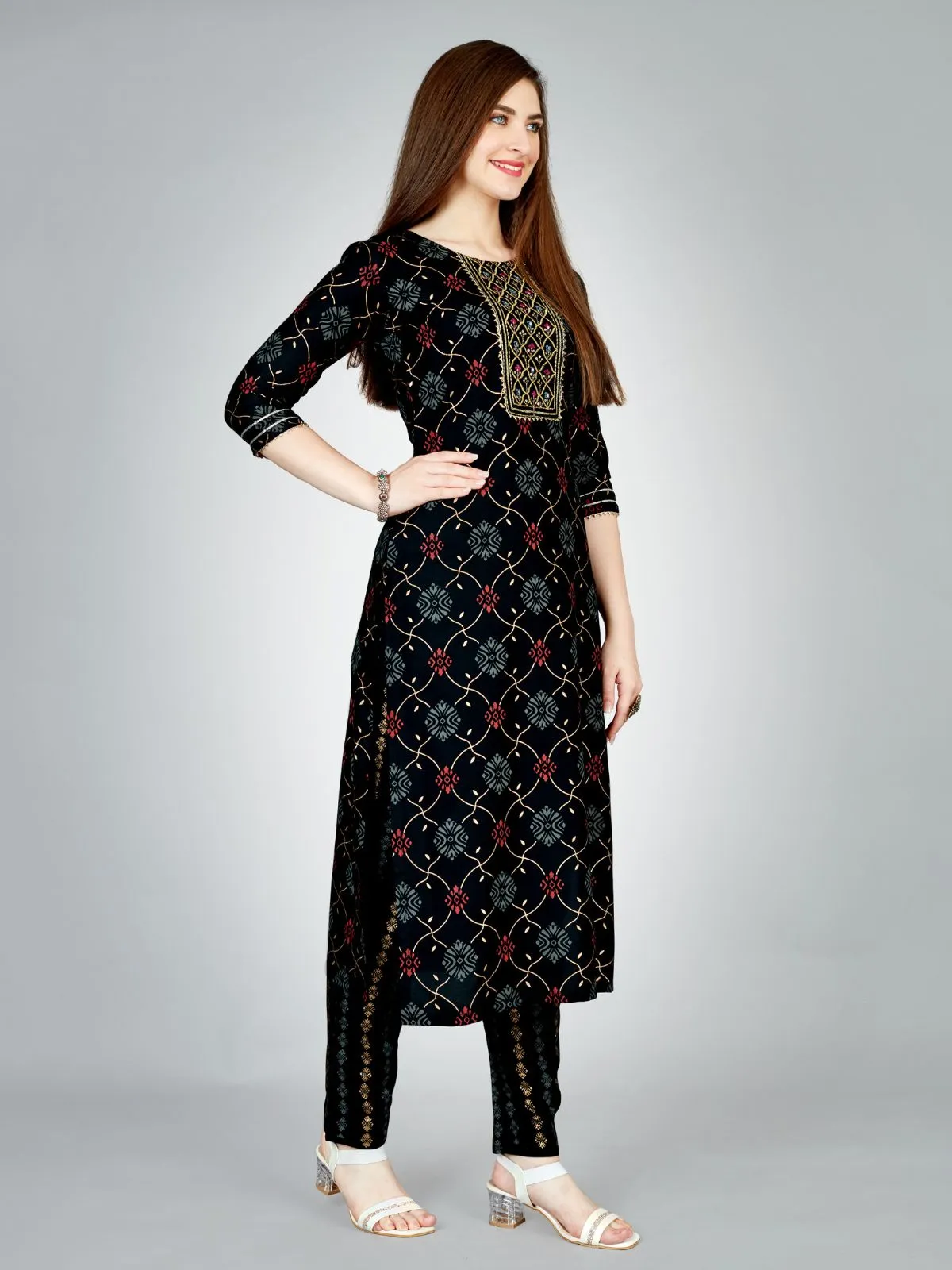 Odette Black Embroidered Rayon Stitched Kurta Set For Women