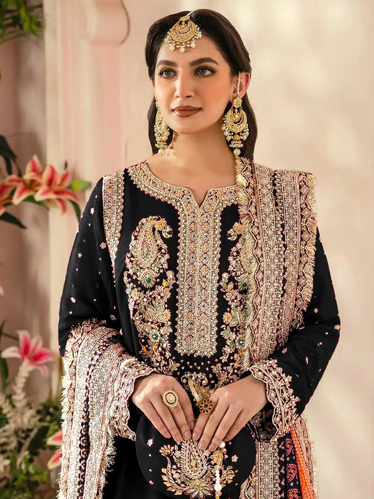 Odette Black Georgette Embroidered Semi Stitched Salwar Suit For Women