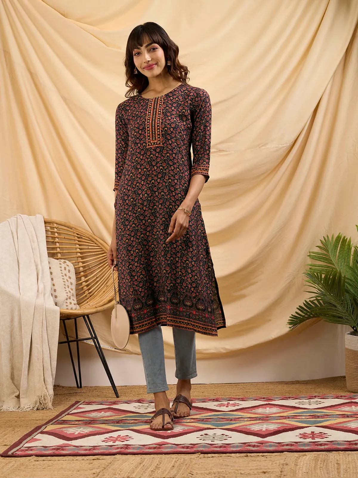 Odette Black Muslin Printed Stitched Kurta for Women