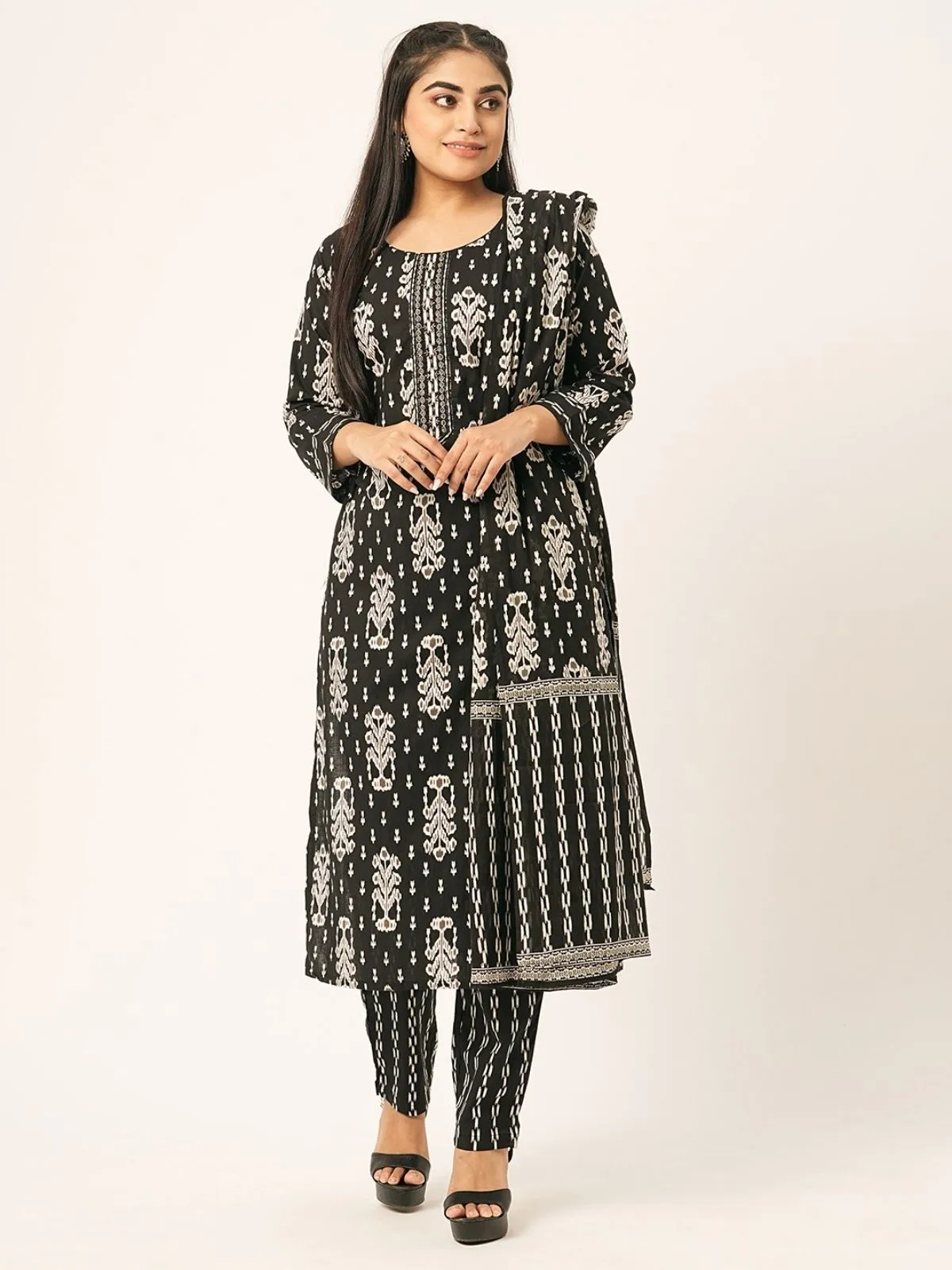 Odette Black Printed Cotton Stitched Kurta Set For Women