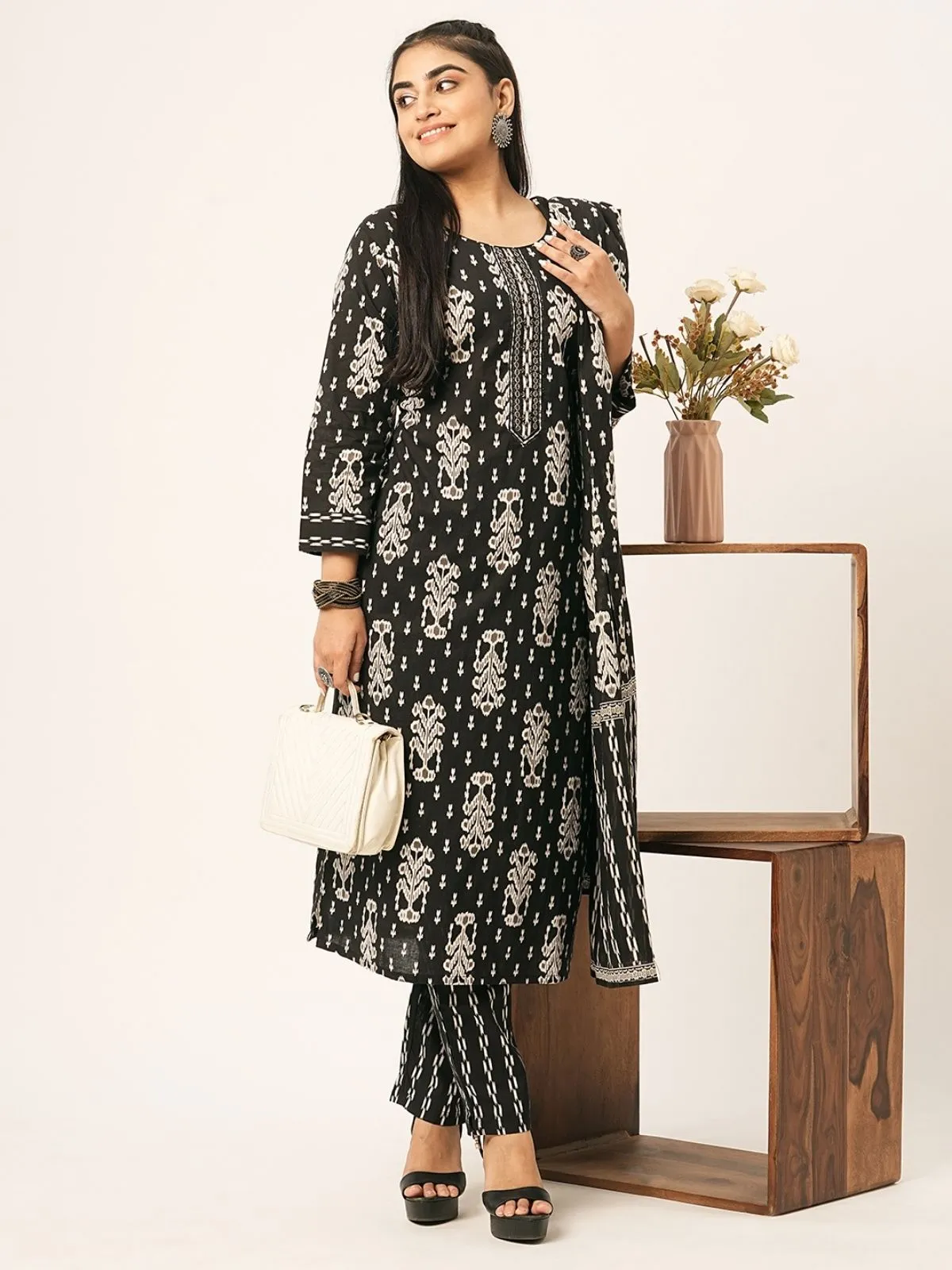 Odette Black Printed Cotton Stitched Kurta Set For Women