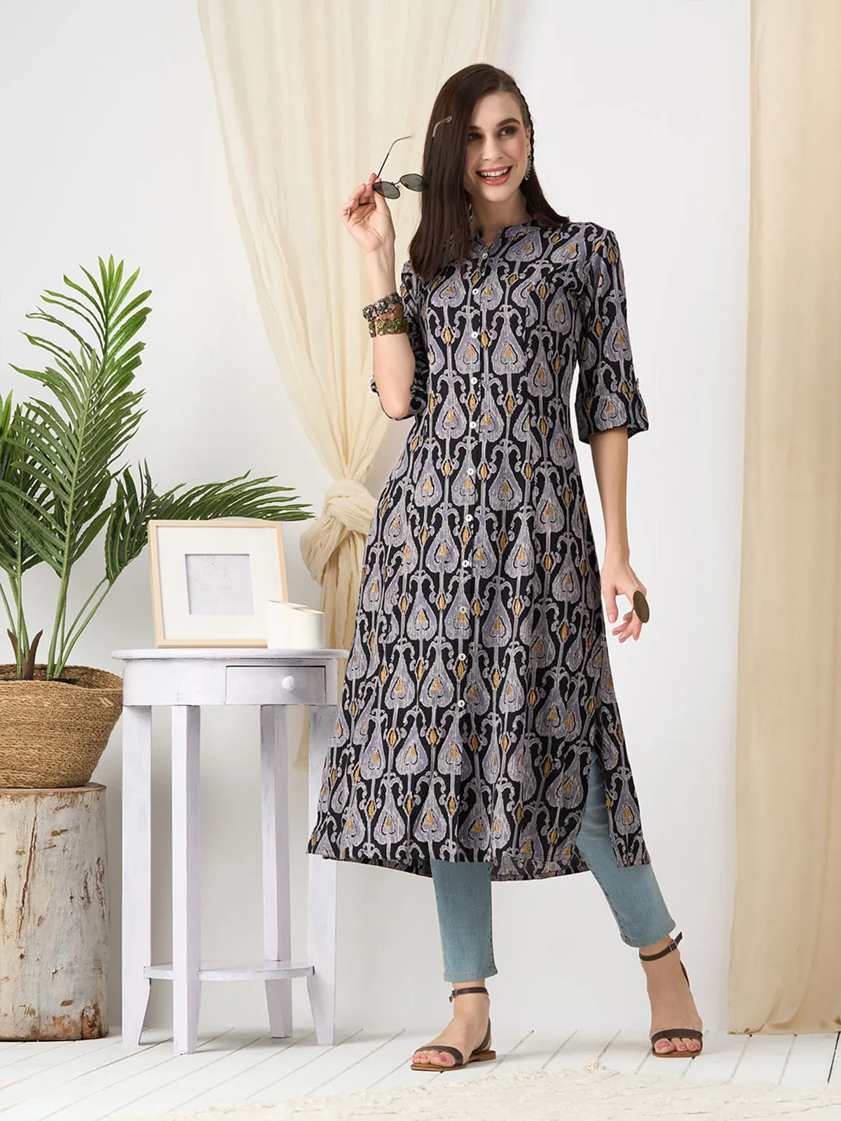 Odette Black Rayon Printed Stitched Kurta for Women