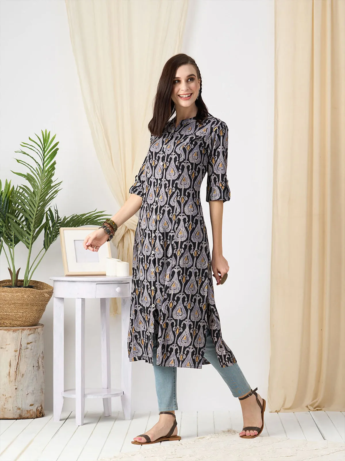 Odette Black Rayon Printed Stitched Kurta for Women