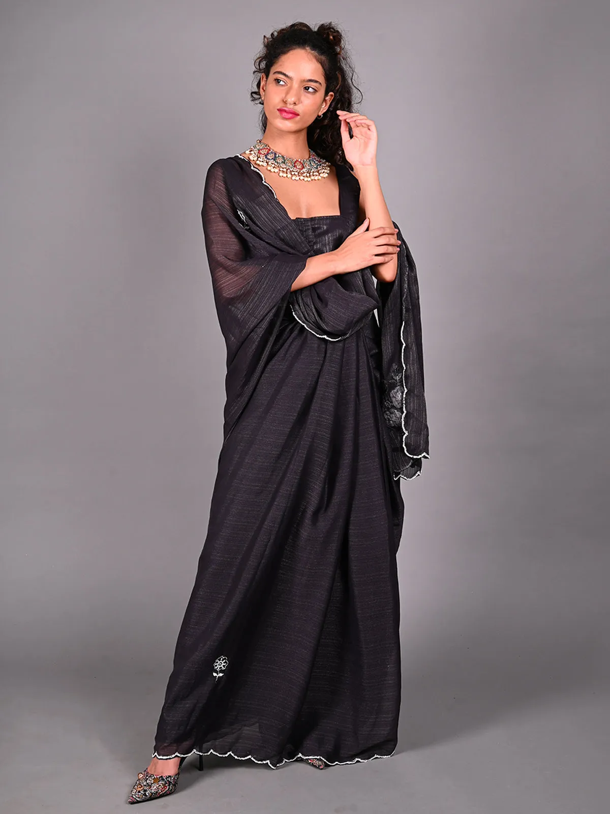 Odette Black Silk Blend Embroidered Saree For Women