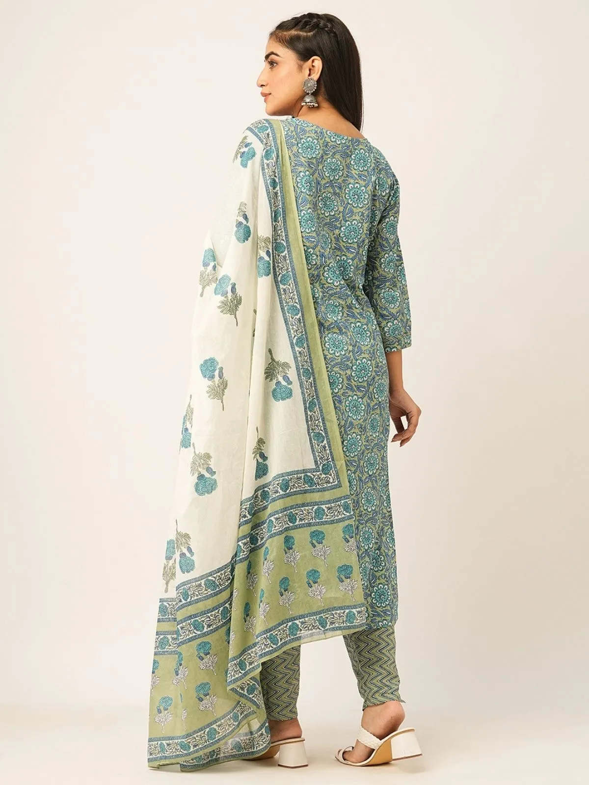 Odette Blue And Green Printed Cotton Stitched Kurta Set For Women