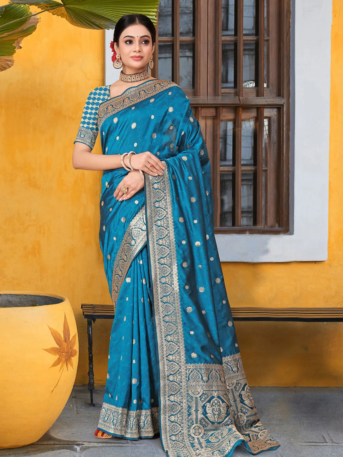 Odette Blue Banarasi Woven Saree With Unstitched Blouse For Women