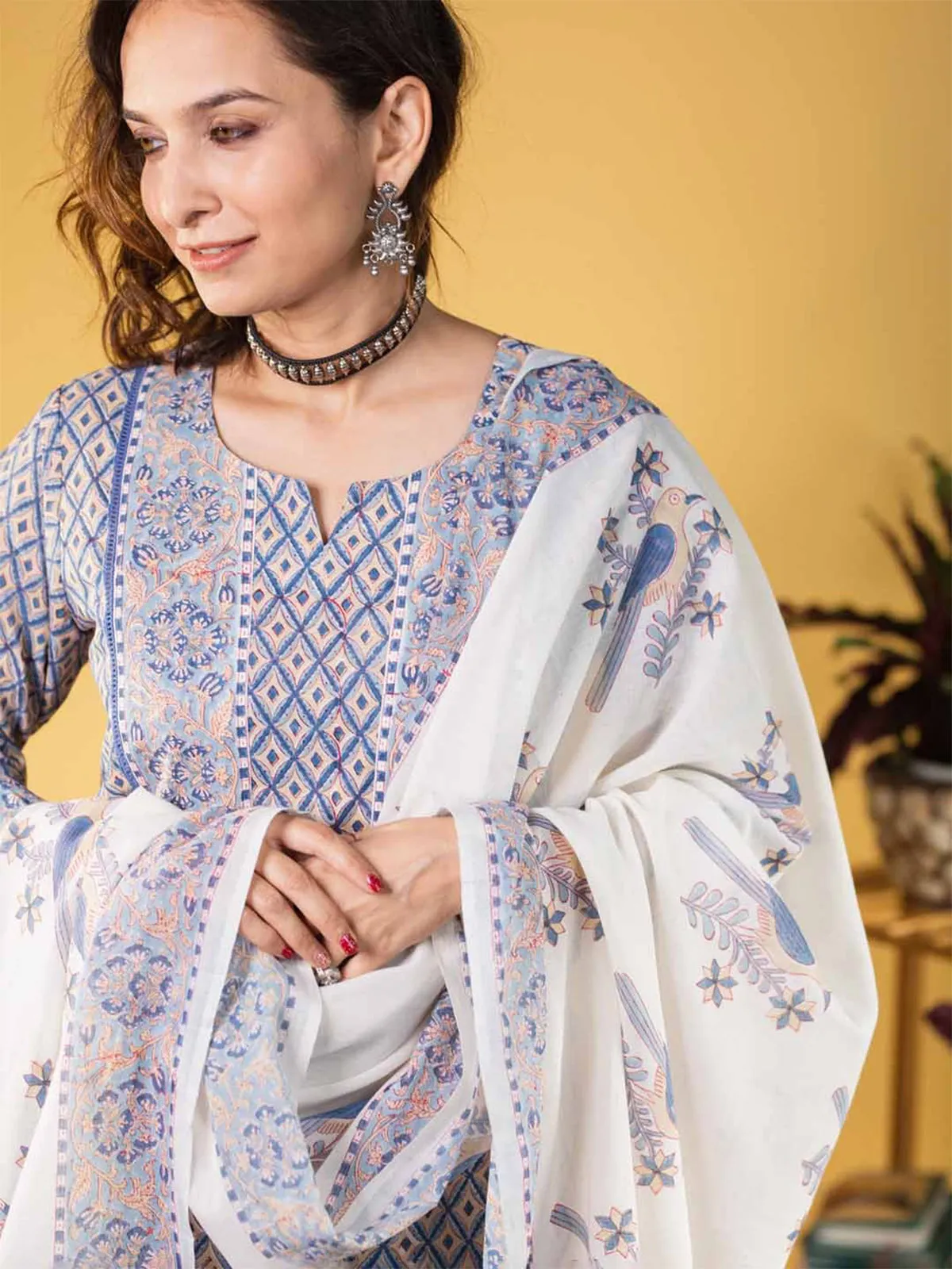 Odette Blue Cotton Blend Printed Straight Kurta Set For Women