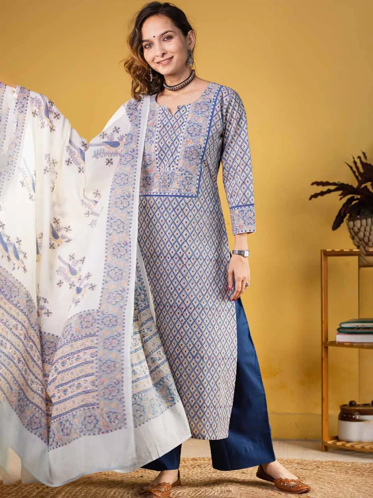 Odette Blue Cotton Blend Printed Straight Kurta Set For Women