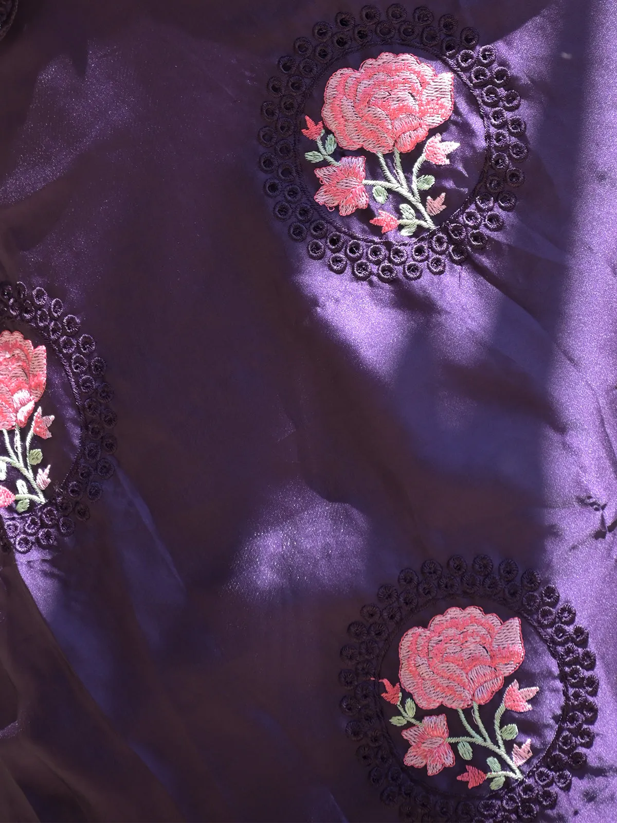 Odette Purple Floral Embroidered Georgette Saree with Unstitched Blouse for Women