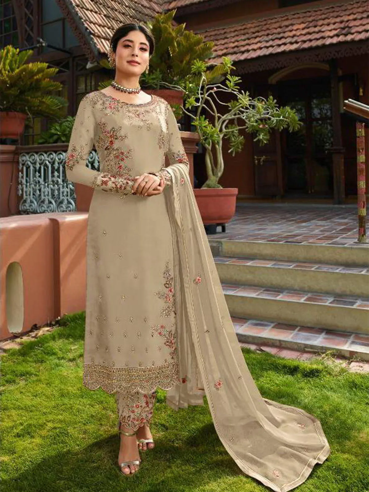 Odette Women Beige Color Georgette Straight Semi Stitched Salwar Kameez