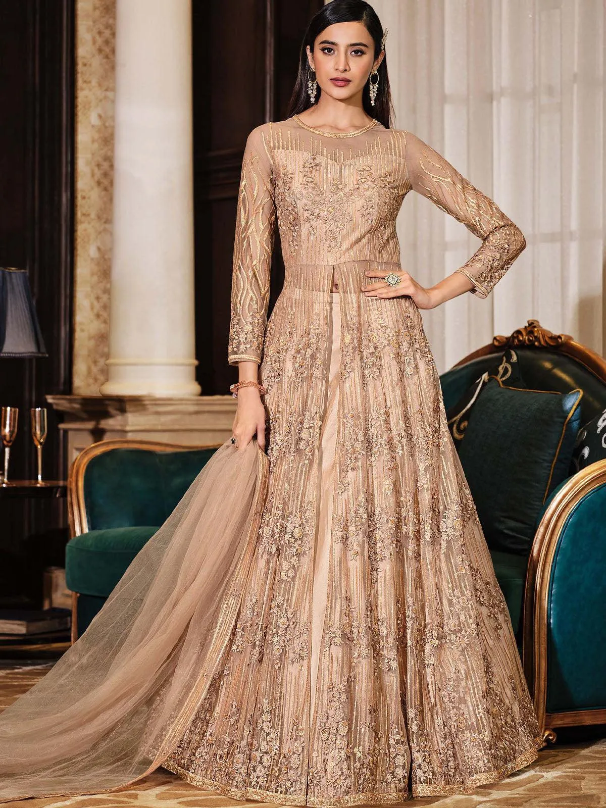 Odette Women Beige Festive Women Semi Stitched Slawar Suit Sets