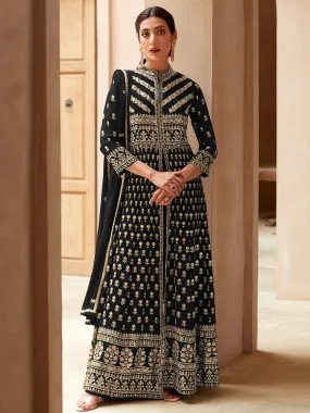 Odette Women Black Embroidered Georgette A-Line Semi-Stitched Anarkali Suit