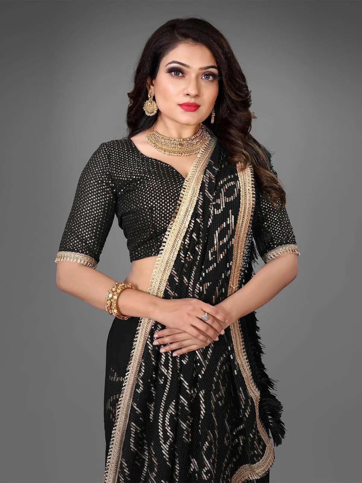 Odette Women Black Sequins Sassy Saree With Unstitched Blouse