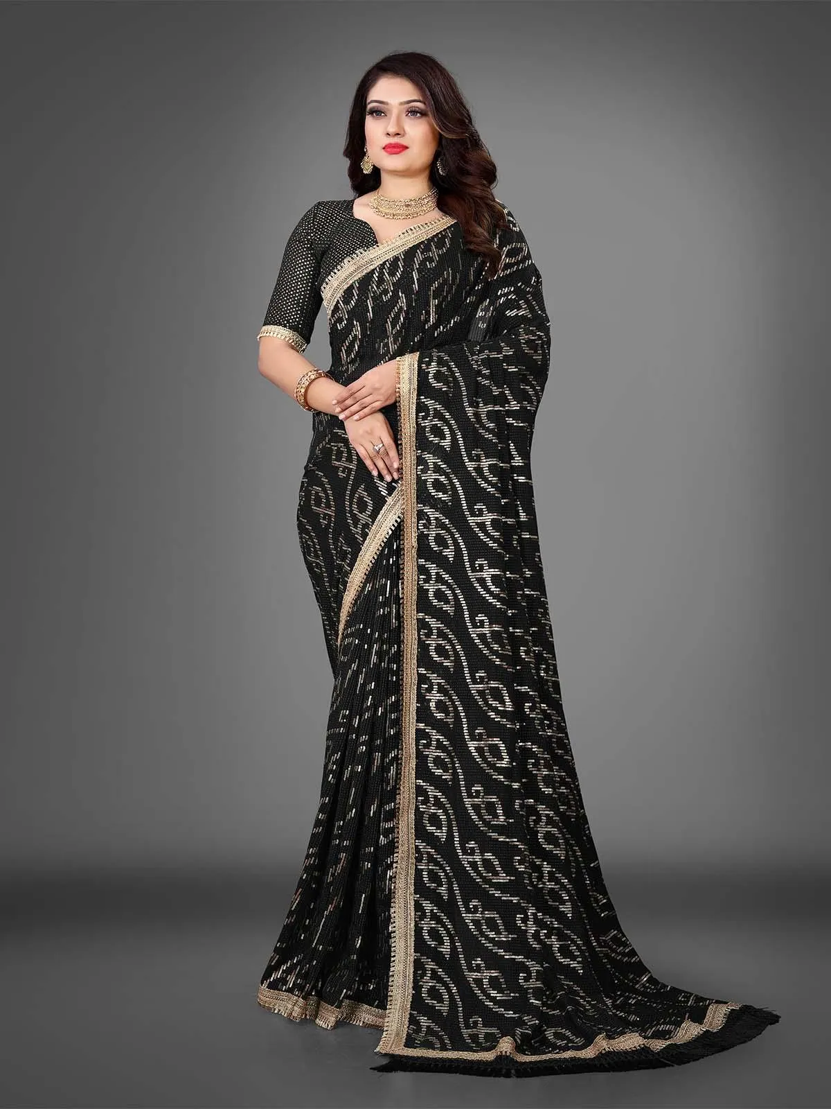 Odette Women Black Sequins Sassy Saree With Unstitched Blouse