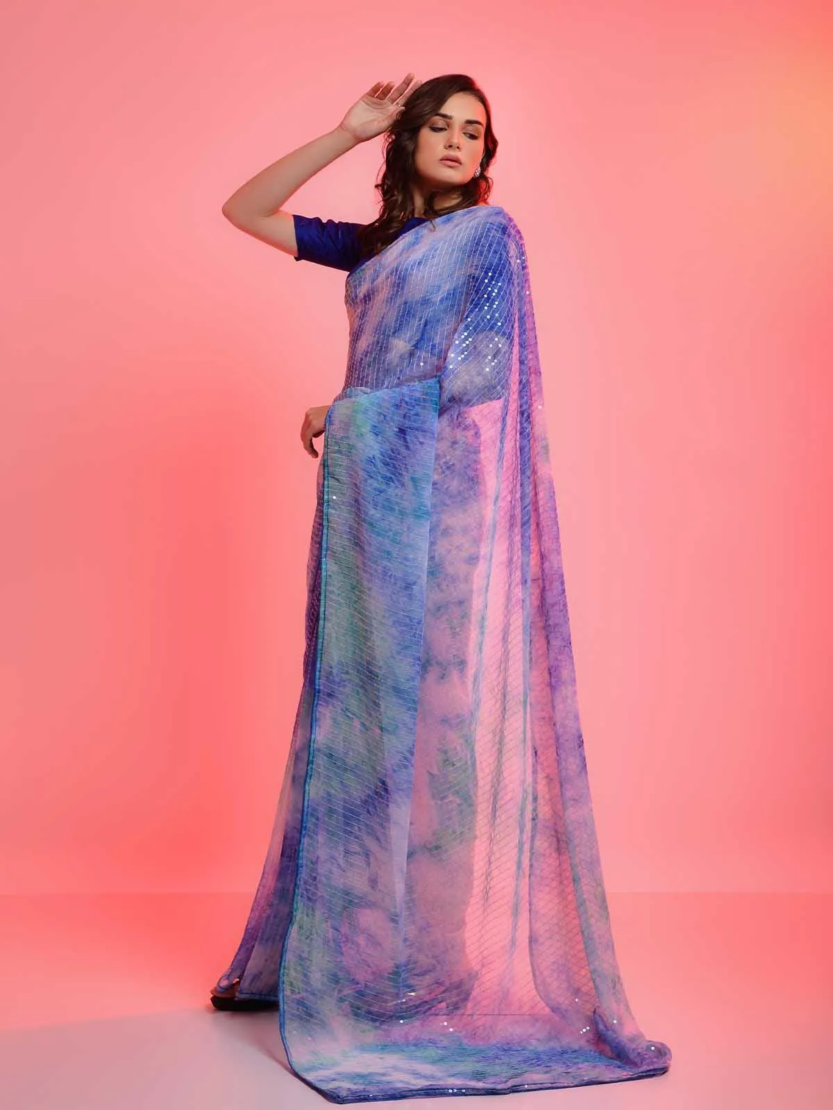 Odette Women Blue Chiffon With Sequence Work Sequence Saree With Unstitched Blouse