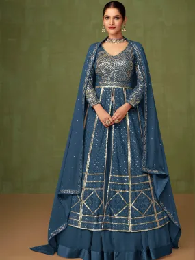 Odette Women Blue Embroidered Georgette A-Line Semi-Stitched Anarkali Suit