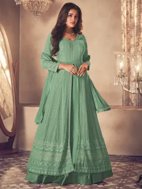 Odette Women Green Faux Georgette Semi Stitched Kurta Set