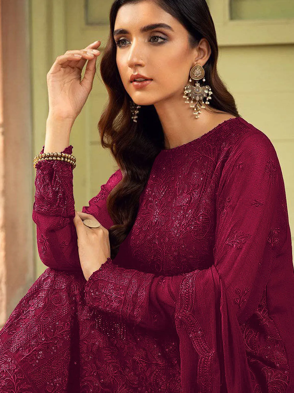 Odette Women Magenta Embroidered Georgette Semi Stitched Suit