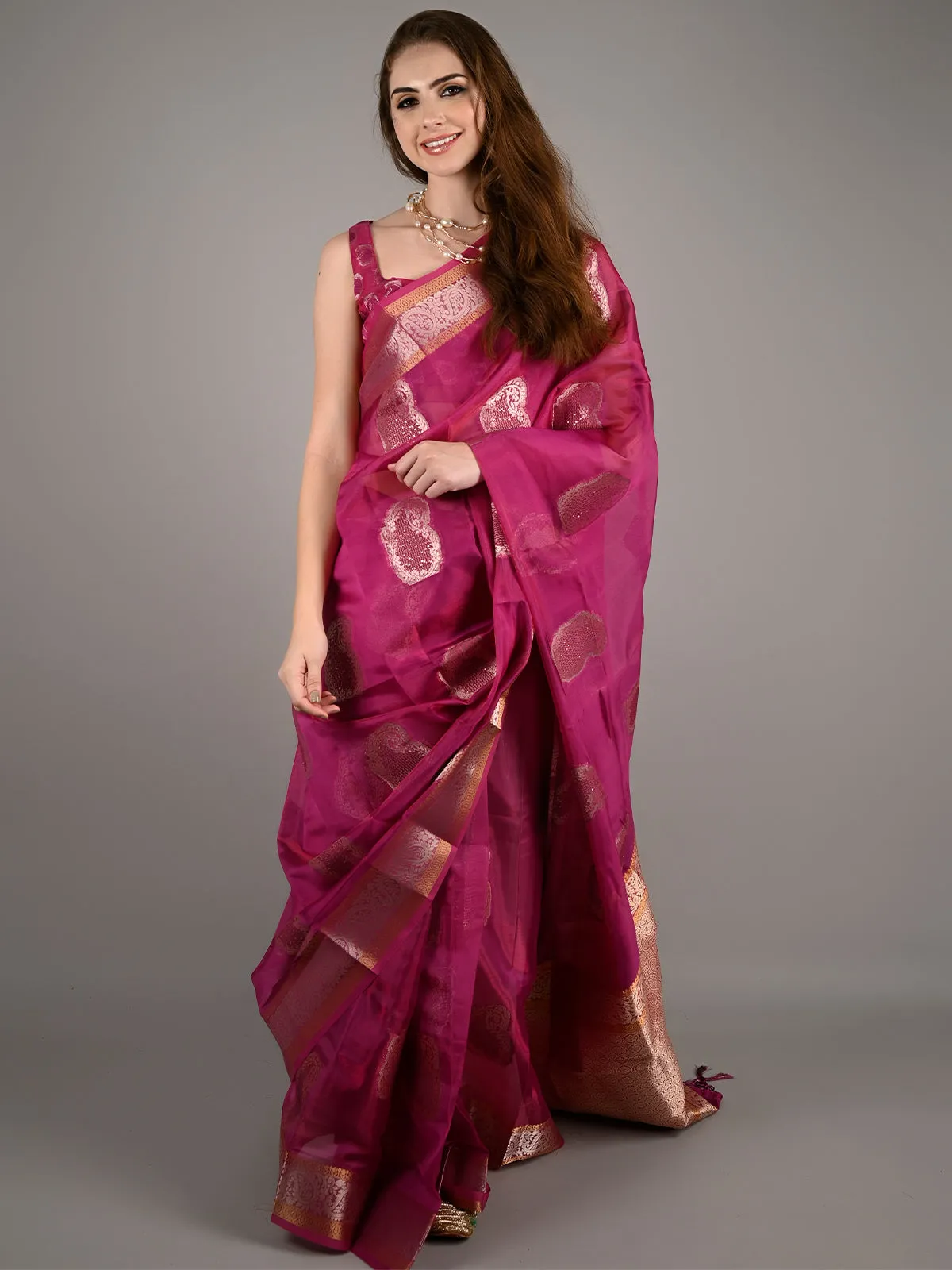 Odette Women Magenta Organza Woven Saree With Unstitched Blouse