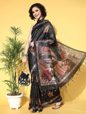 Odette Women Manipuri Silk Black Printed Designer Saree With Blouse Piece