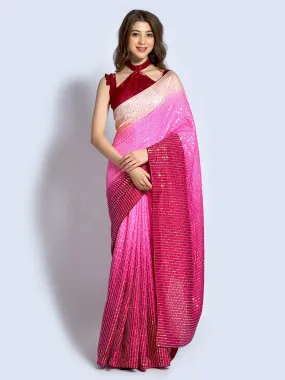 Odette Women Pink Silk Blend Designer Embroidery Saree With Unstitched Blouse