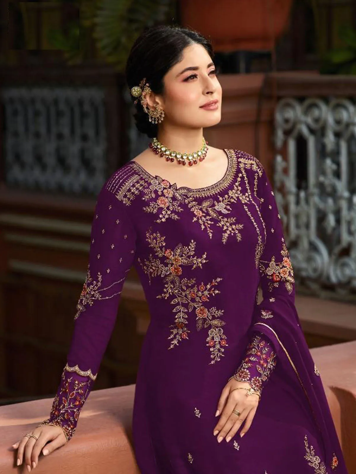 Odette Women Purple Color Georgette Straight Semi Stitched Salwar Kameez