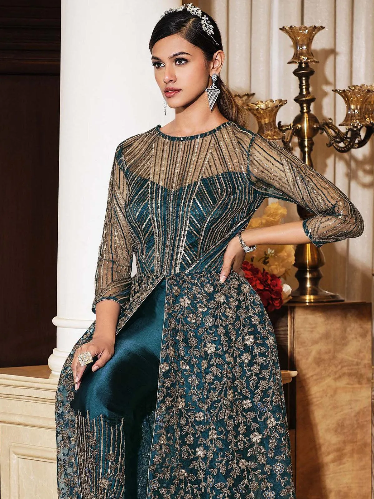 Odette Women Teal Blue Festive Women Semi Stitched Slawar Suit Sets