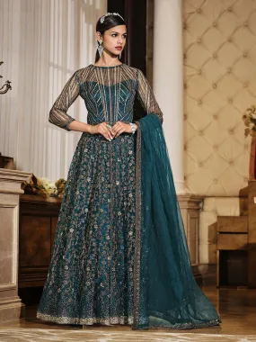 Odette Women Teal Blue Festive Women Semi Stitched Slawar Suit Sets