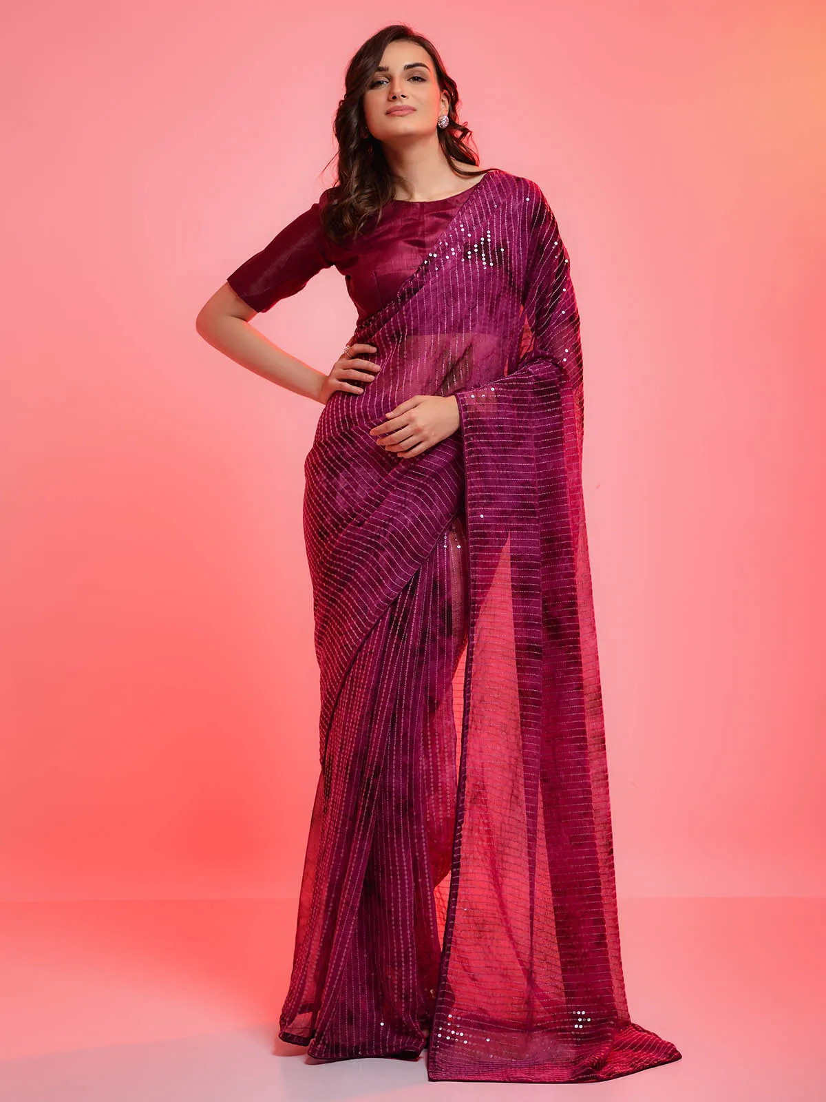 Odette Women Violet Chiffon Sequins Embroidered Saree With Unstitched Blouse