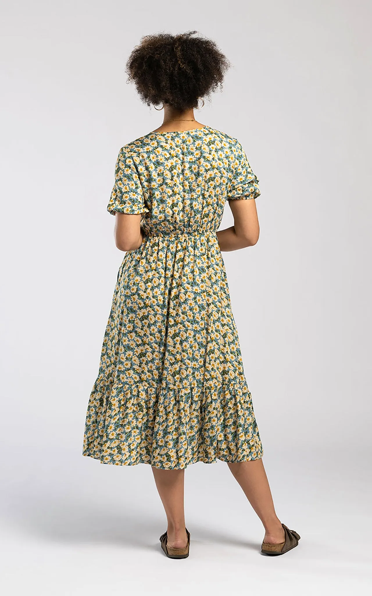 Pentlebay Clothing Wrap Midi Dress In Blue Yellow Daisy