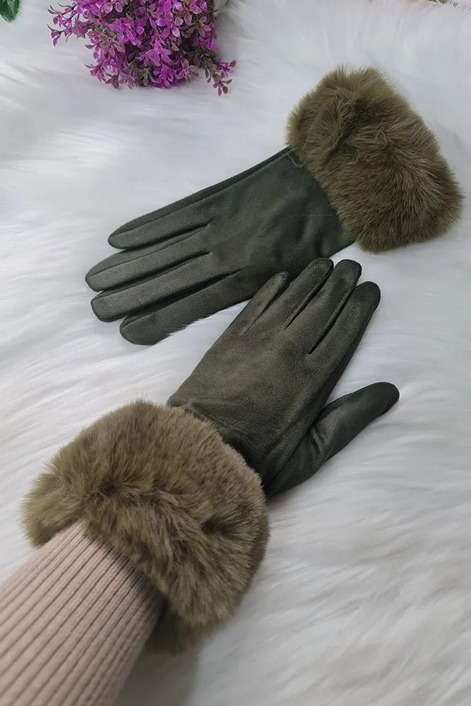 Plain Faux Fur Hem Soft Feel Gloves