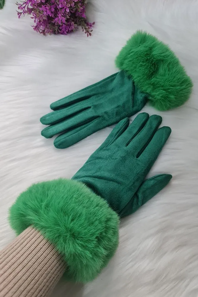 Plain Faux Fur Hem Soft Feel Gloves