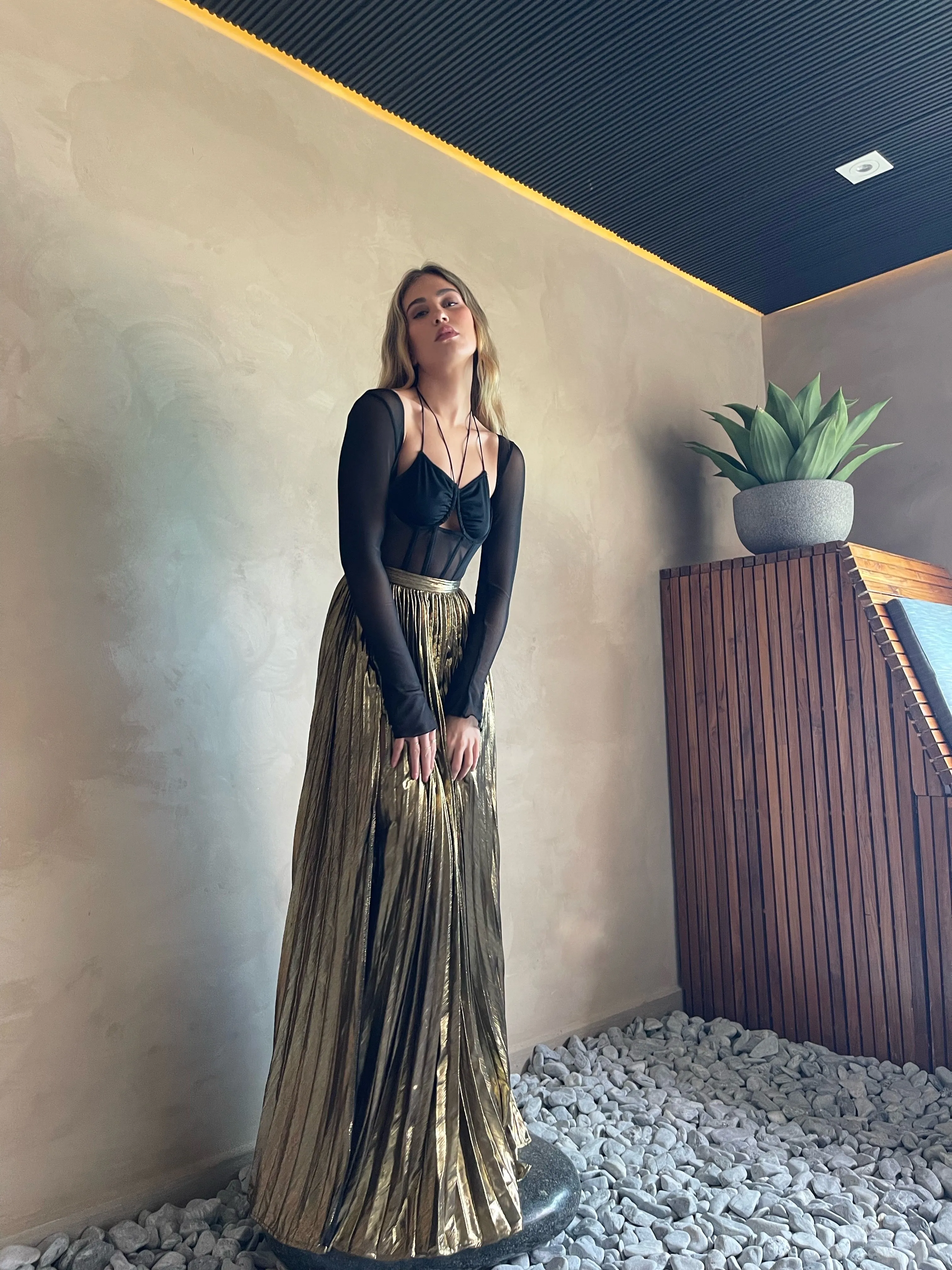 Pleated Gold Long Skirt