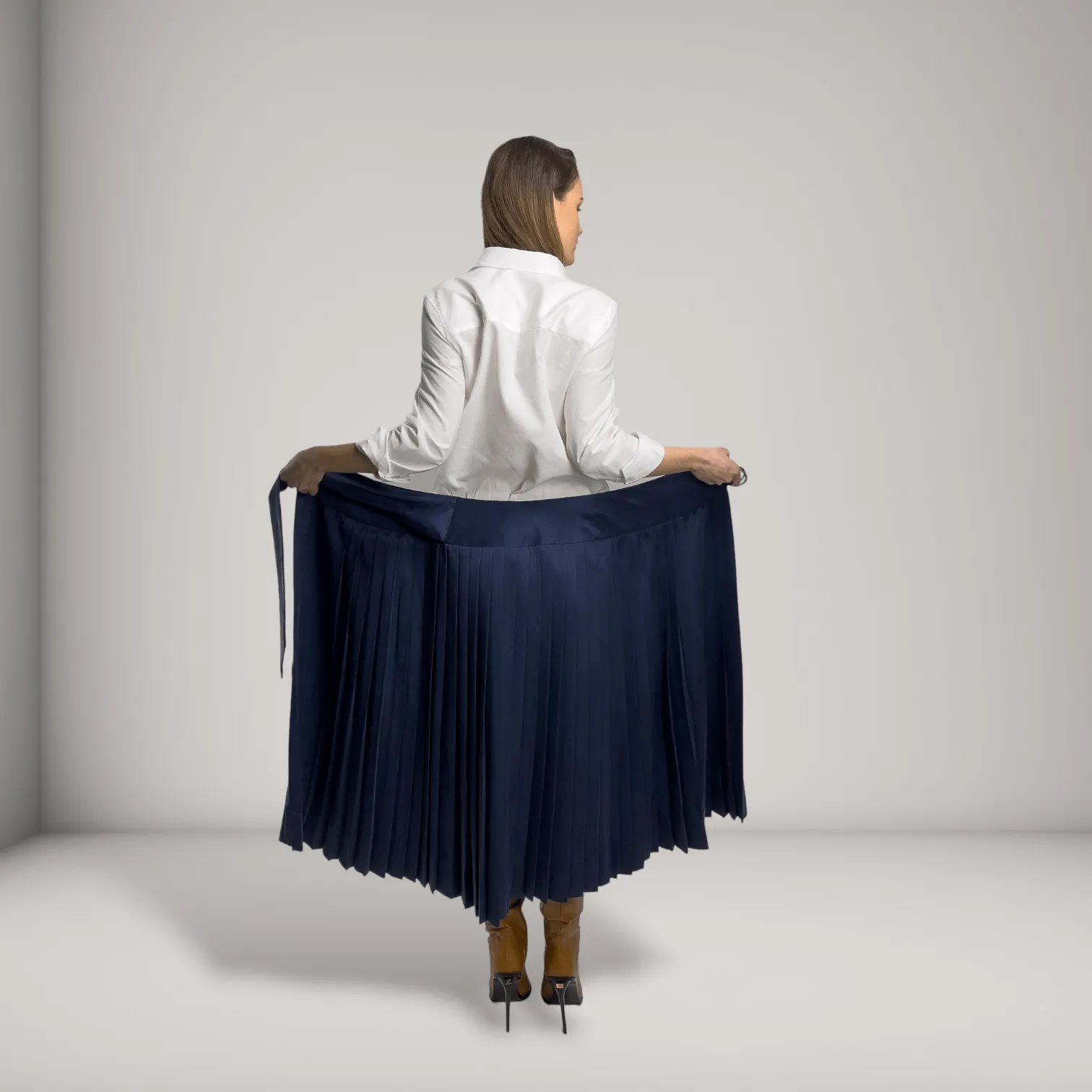 Pleated Vegan Silk Adjustable Wrap Midi Skirt | Navy