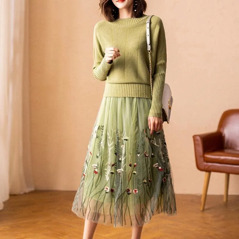 Pullover Sweater With Embroidered Mesh Skirt