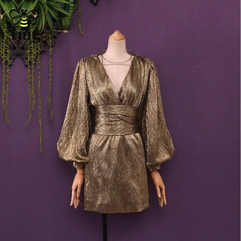 Runway Luxury Party Night Mini Dresses Sexy Deep V neck Shiny Glitter Short Dress Golden Bling Vintage Dress Trendy