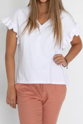 Santorini SS Ruffle V Neck White Tee