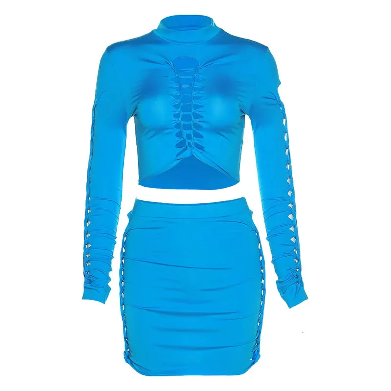 Sexy Women's suit Long Sleeve hollow out navel top   tight skirt 2 piece set women