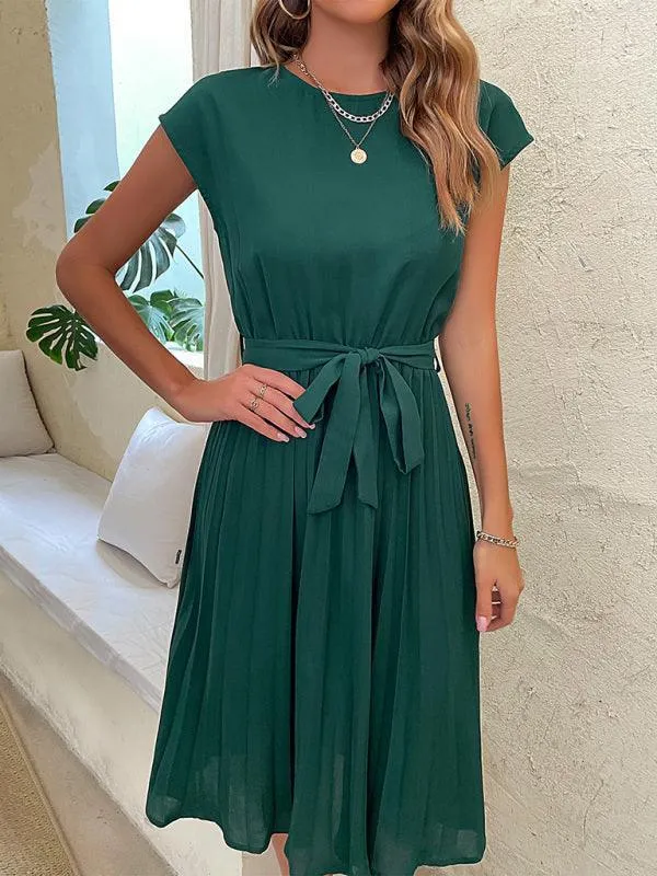 Short Sleeve Pleated Midi Dress