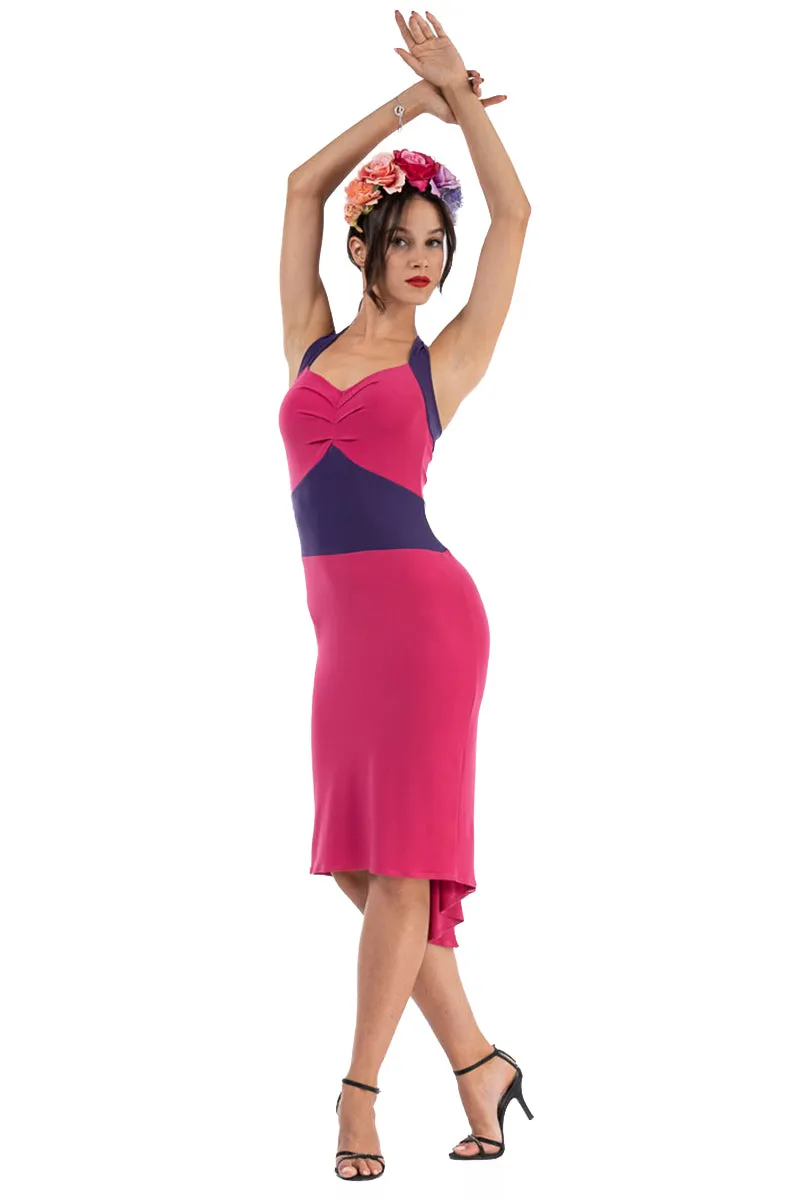 Tie Halter Neck Fuchsia Color Block Fishtail Dress