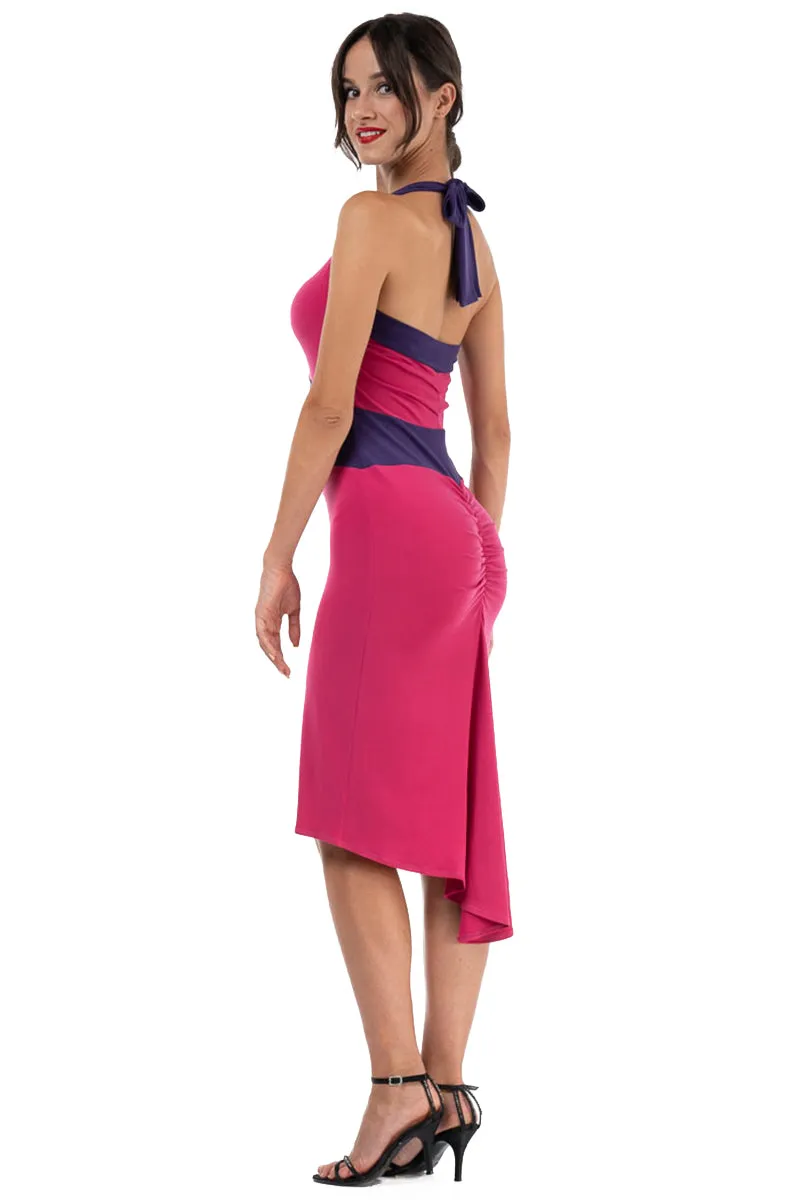 Tie Halter Neck Fuchsia Color Block Fishtail Dress