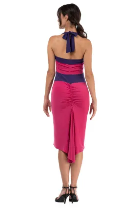 Tie Halter Neck Fuchsia Color Block Fishtail Dress