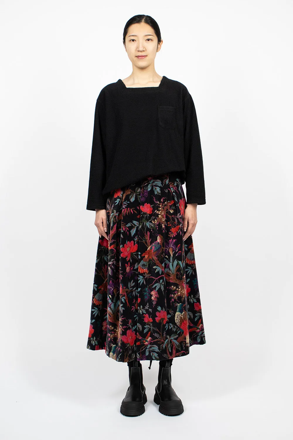 Tuck Velveteen Skirt Bird Print